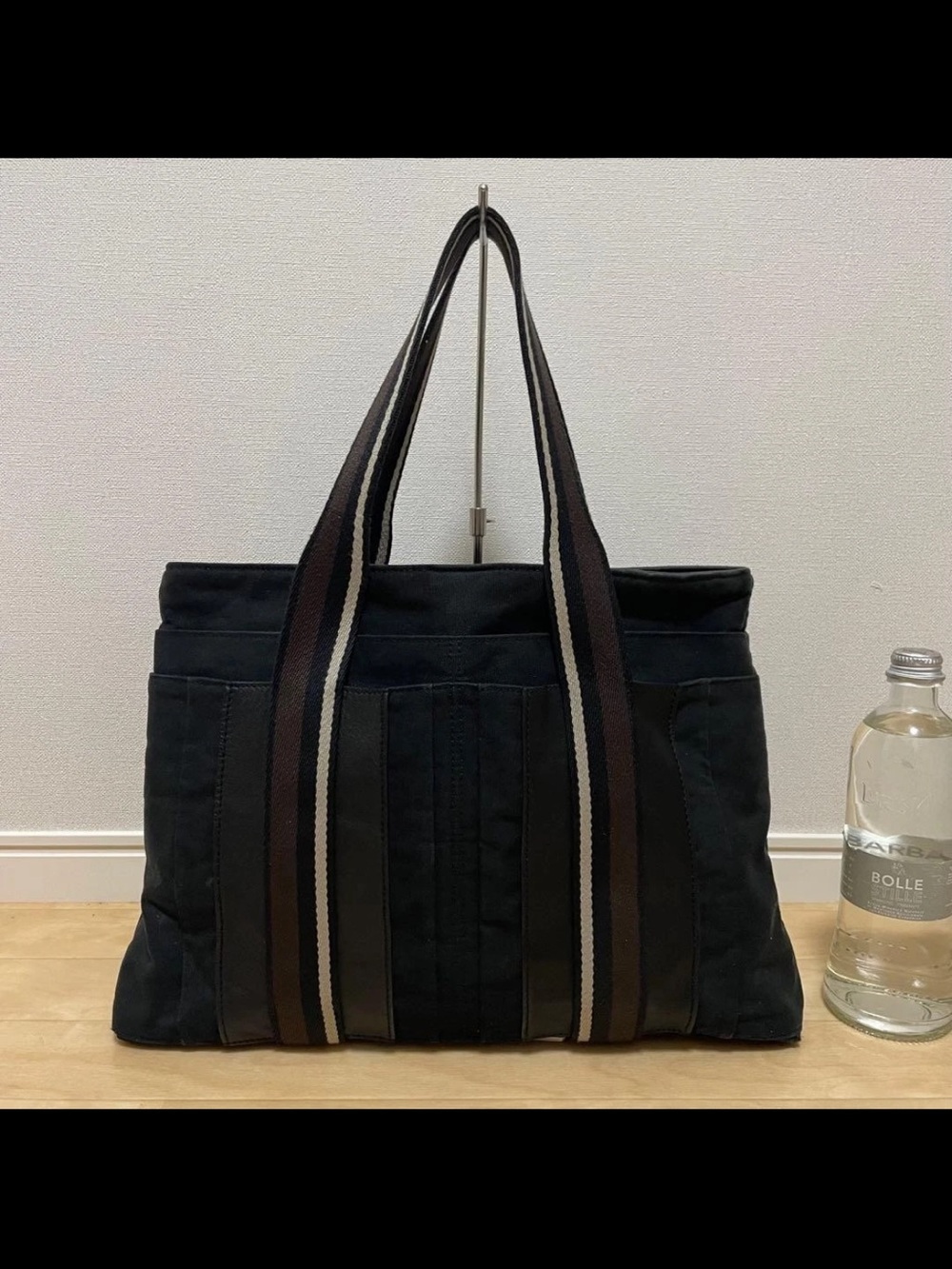 Hermes Black Tote with Striped Webbing Handles